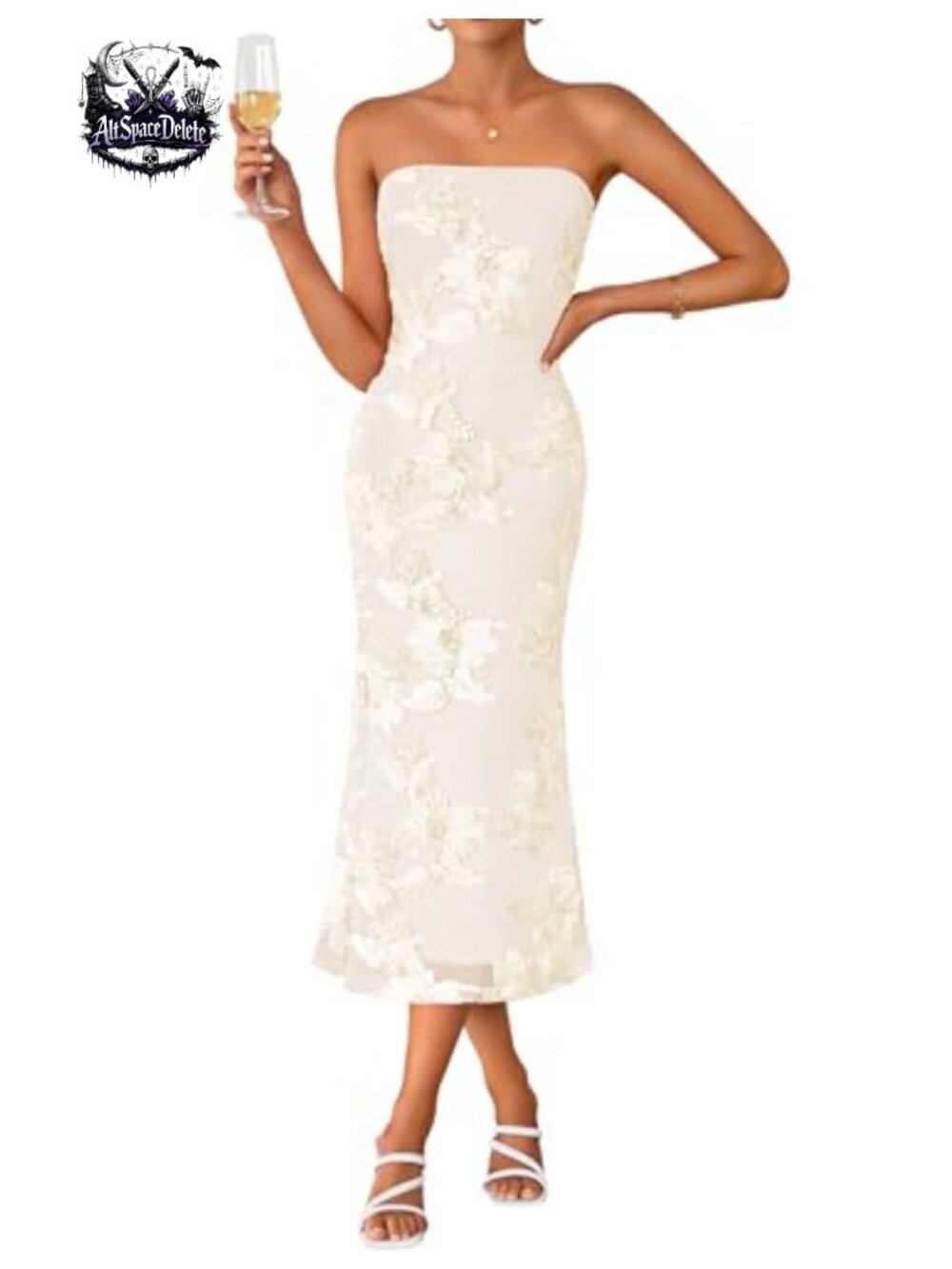 Strapless Floral Midi Bodycon Dress Floral Mesh Cocktail Wedding Guest